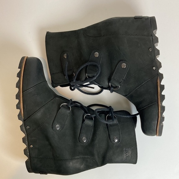 SOREL Joan Of Arctic Leather Wedge Mid Ankle Boots Black Gorp NL2173-001 9.5 - Picture 12 of 16